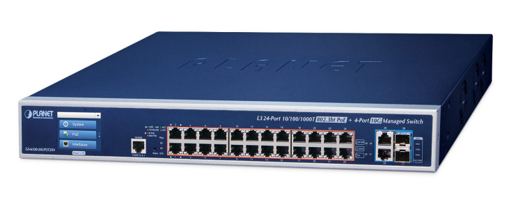 GS-6320-24UP2T2XV -- L3 24-Port 10/100/1000T 802.3bt PoE + 2-Port 10GBASE-T + 2-Port 10G SFP+ Managed Switch with LCD Touch Screen and Redundant Power