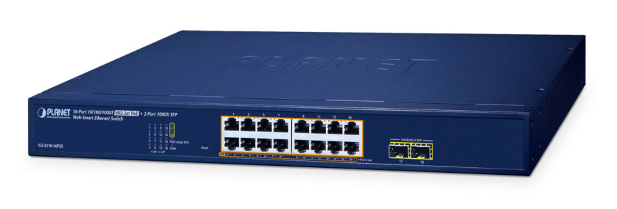 GS-2210-16P2S -- 16-Port 10/100/1000T 802.3at PoE + 2-Port 1000X SFP Web Smart Ethernet Switch