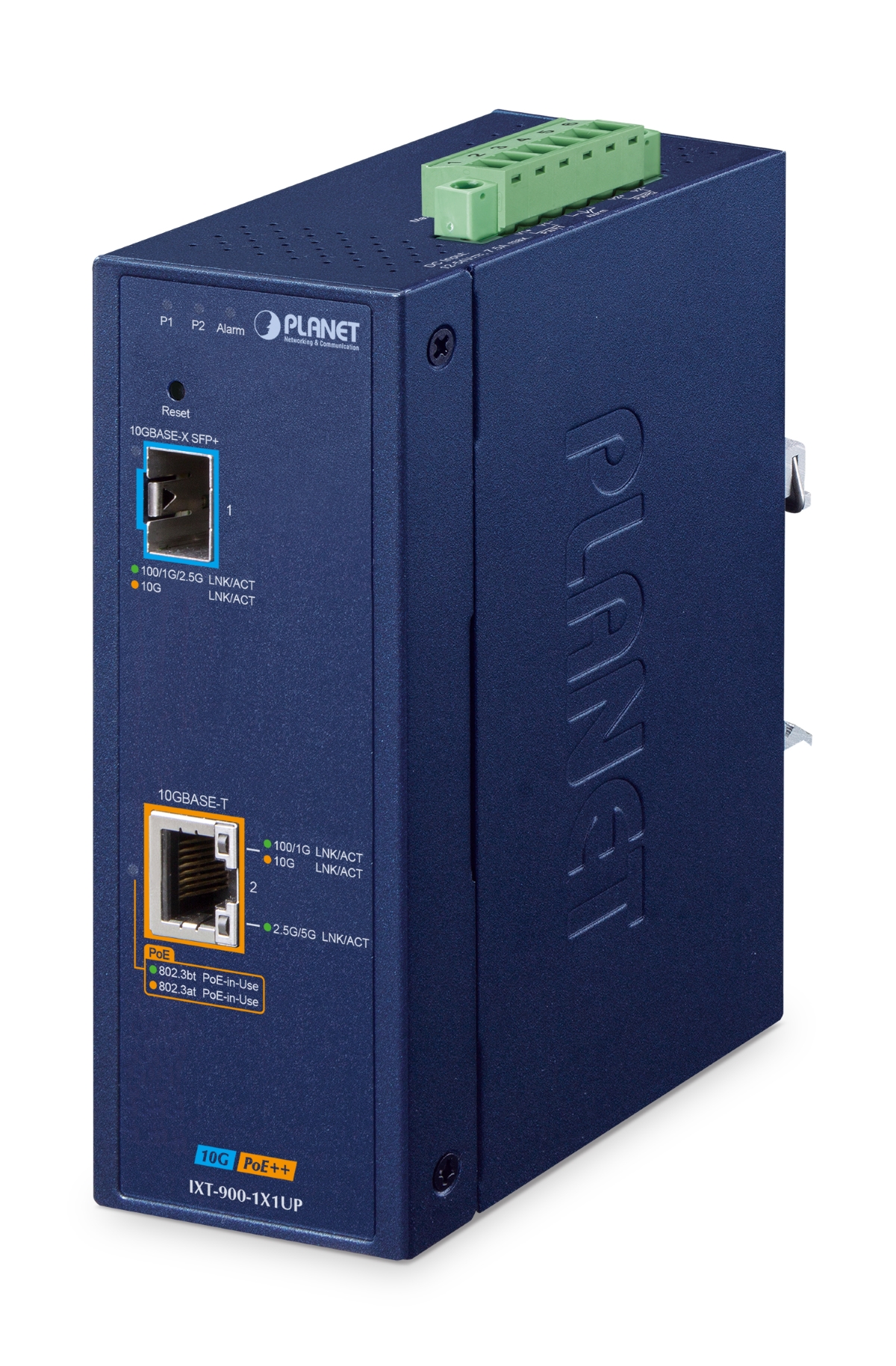 IXT-900-1X1UP -- Industrial 1-Port 10G SFP+ + 1-Port 10GBASE-T 802.3bt PoE++ Managed Media Converter