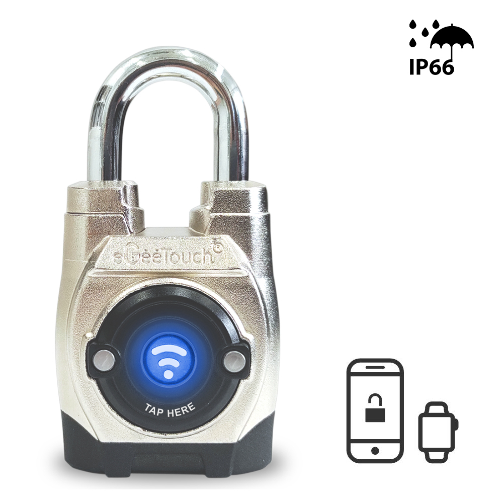 eGeeTouch 5th GEN. Smart Padlock ,Waterproof (IP66) Commercial use, BT + NFC, iOS/Android/Web* for Remote GRANT/REVOKE One-Time, Recurring or Timed Access, Mass Users & Locks, etc